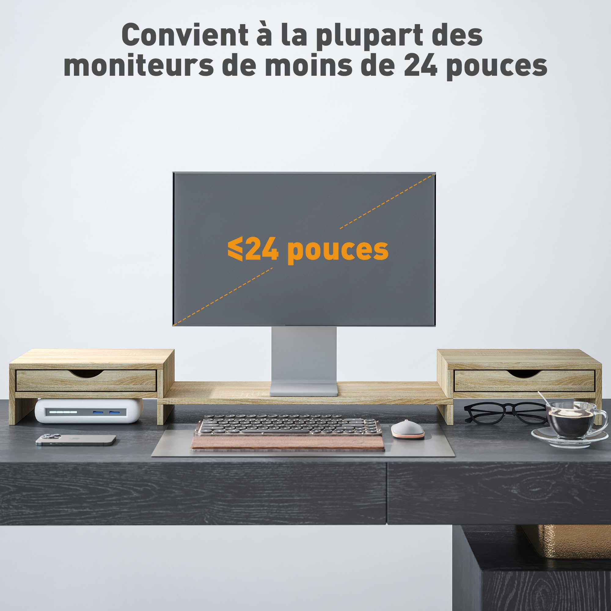 HOMCOM Rehausseur écran PC bureau support moniteur 60-116 cm 2 tiroirs réglable chêne