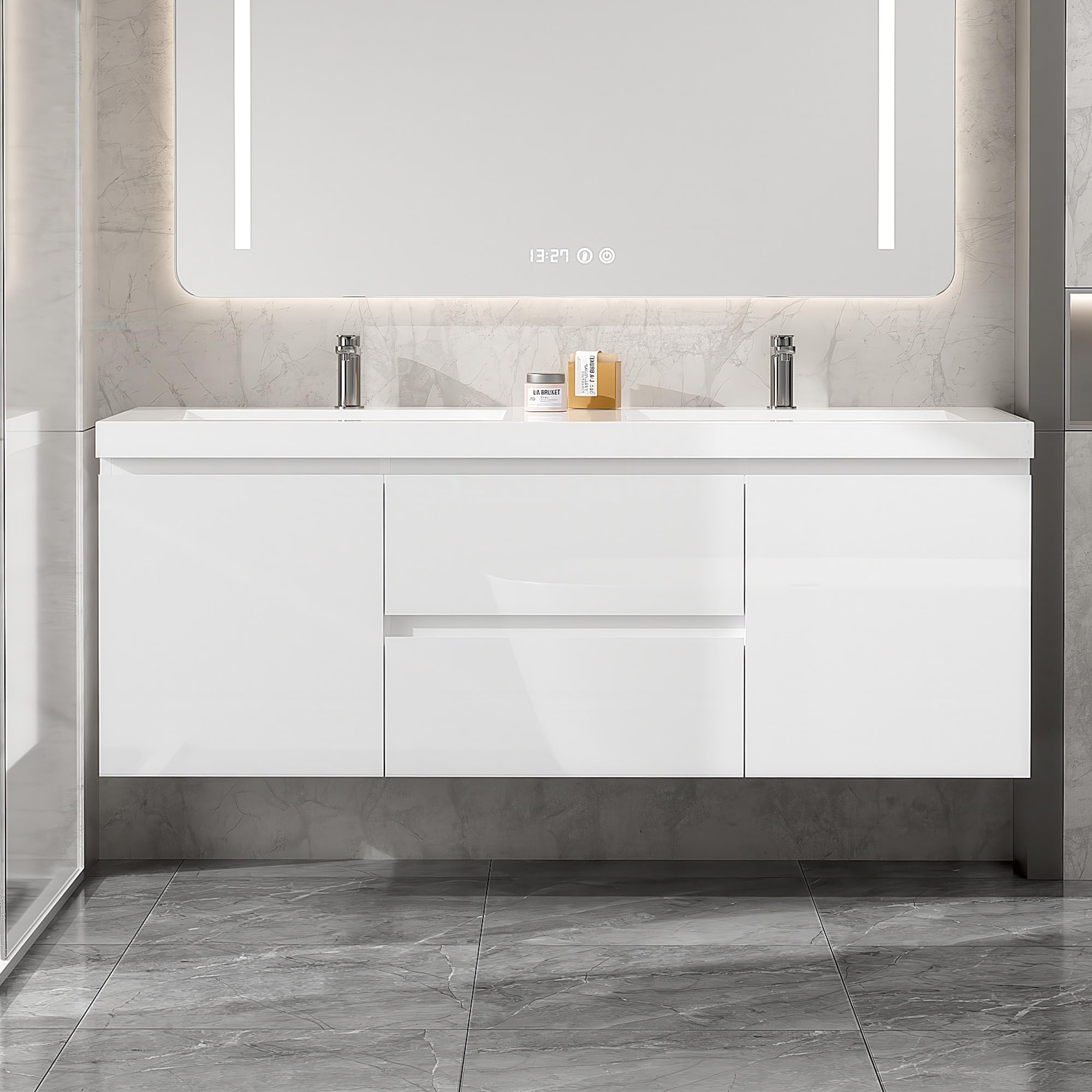 60 Inch Floating Bathroom Vanity with Double Sink, Large Storage Wall Mounted Floating Vanity with 2 Soft Close Drawers & 2 Doors, One-Piece Basin Bathroom Sink Cabinet, Glossy White, Double sink