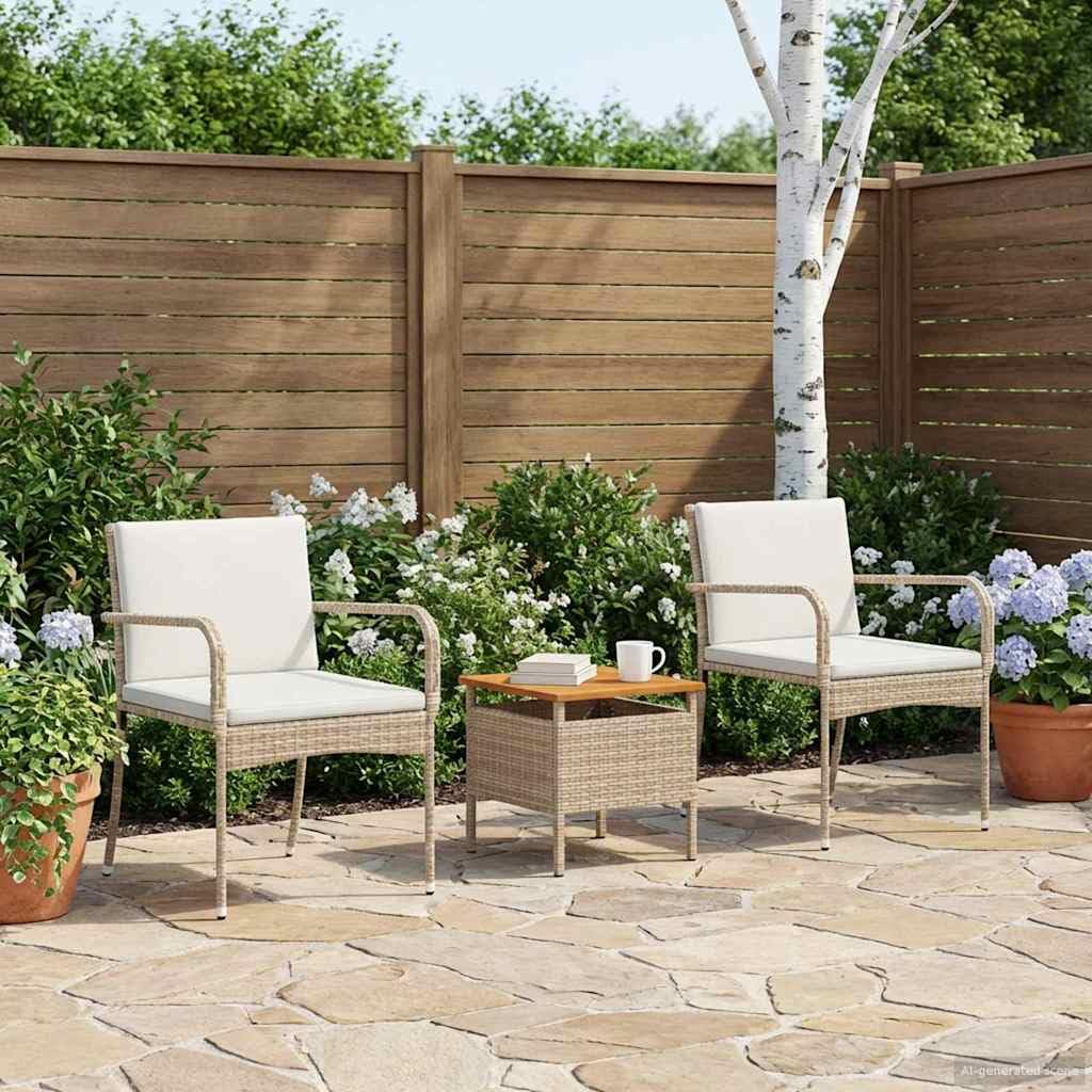 Juego de jardín con cojín de acero y polirratán, resistente a la intemperie, para balcón, terraza, jardín, mesa de madera de acacia y cómodo grupo de asientos, incluye cojines para exteriores