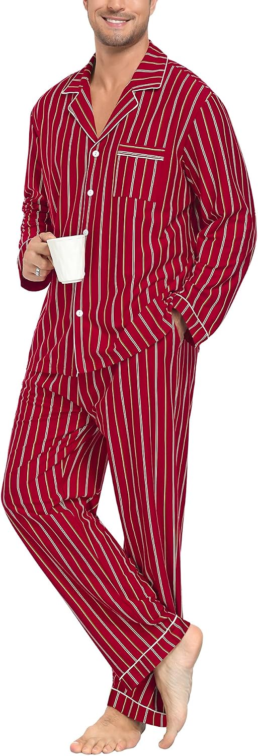 SWOMOG Mens 100% Cotton Pajama Sets, Soft Long Sleeve Sleepwear Pjs Sets