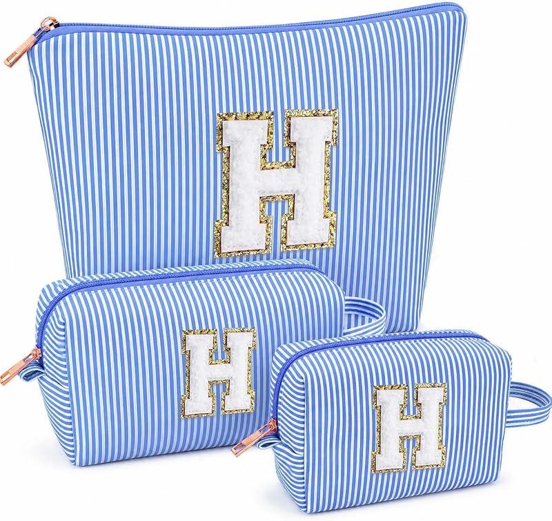 ARIVOY Necessaires de maquiagem listradas com inicial, azul, Modelo H, Pacote com 3