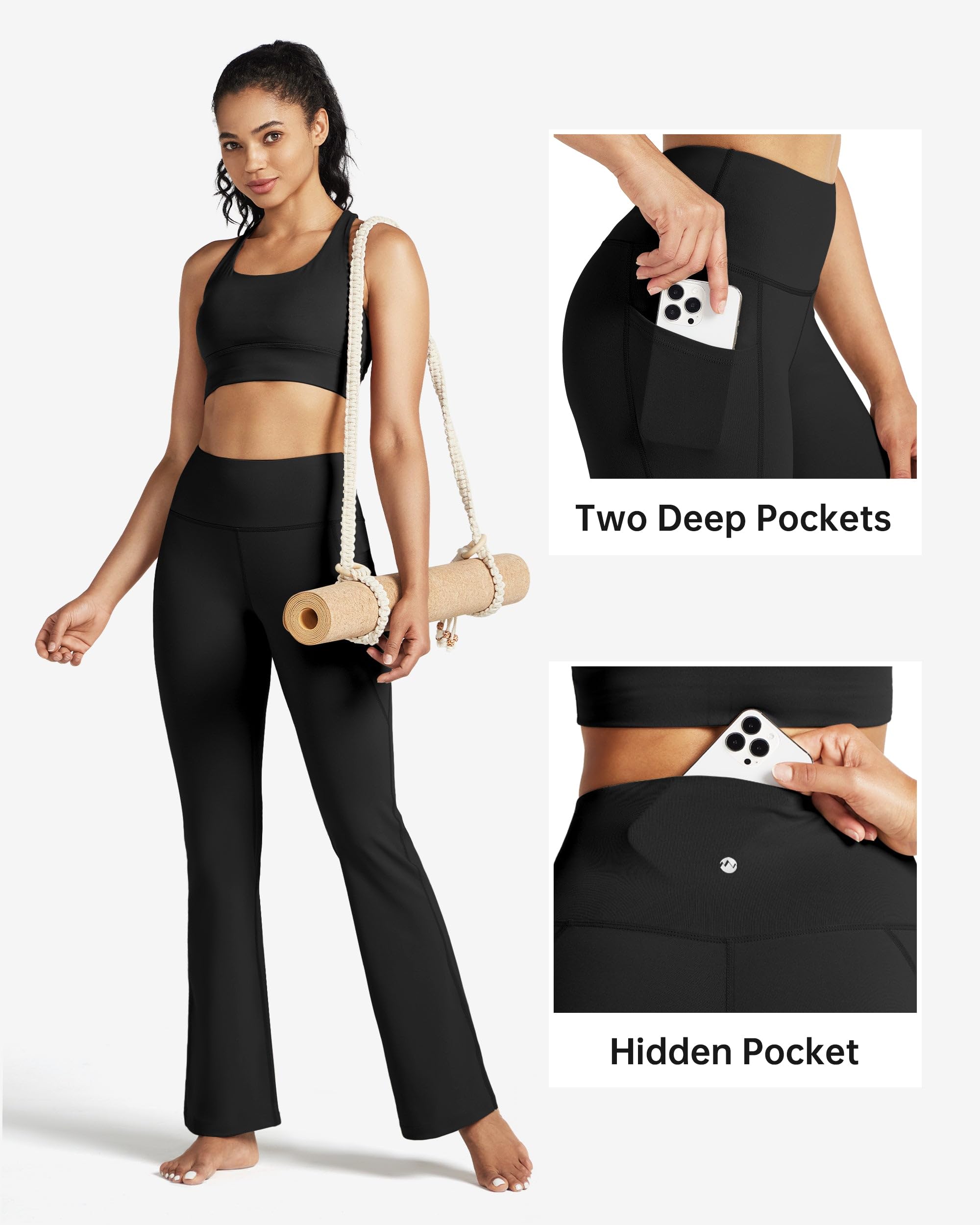 Willit Leggings Acampanados para Mujer, Pantalones de Yoga de Cintura Alta, Corte de Bota, Leggings de Entrenamiento, Control de Abdomen con Bolsillos, 29 Pulgadas y 31 Pulgadas, Negro -, Small