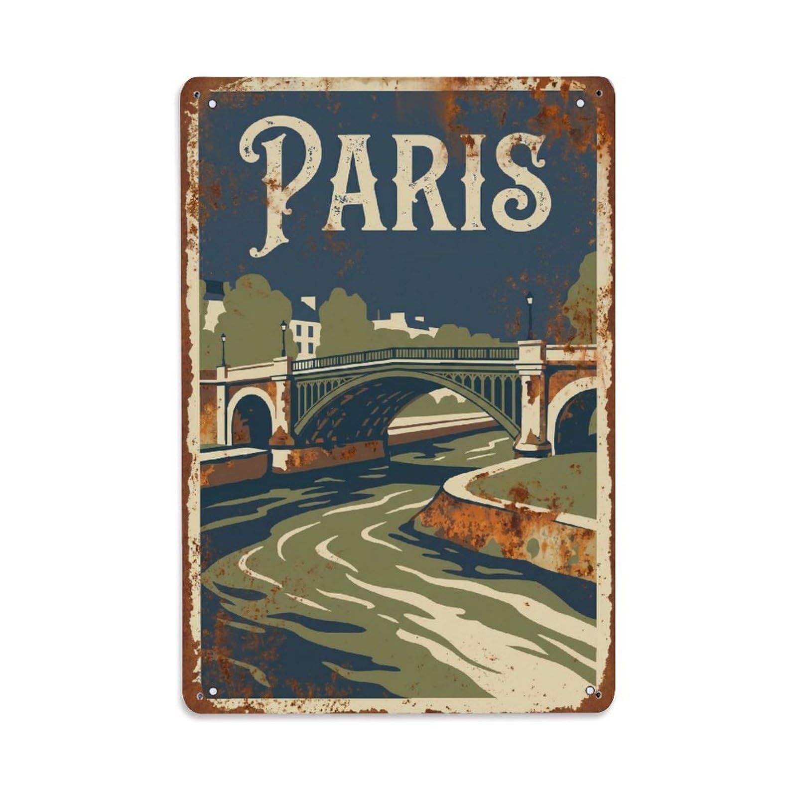 Vintage Travel Paris Pont De Levallois Bridge Rusted France Metal Tin Sign Plaque Wall Decor for Cafe, Club Bar, Office, Home Garden Metal Poster 8x12Inch