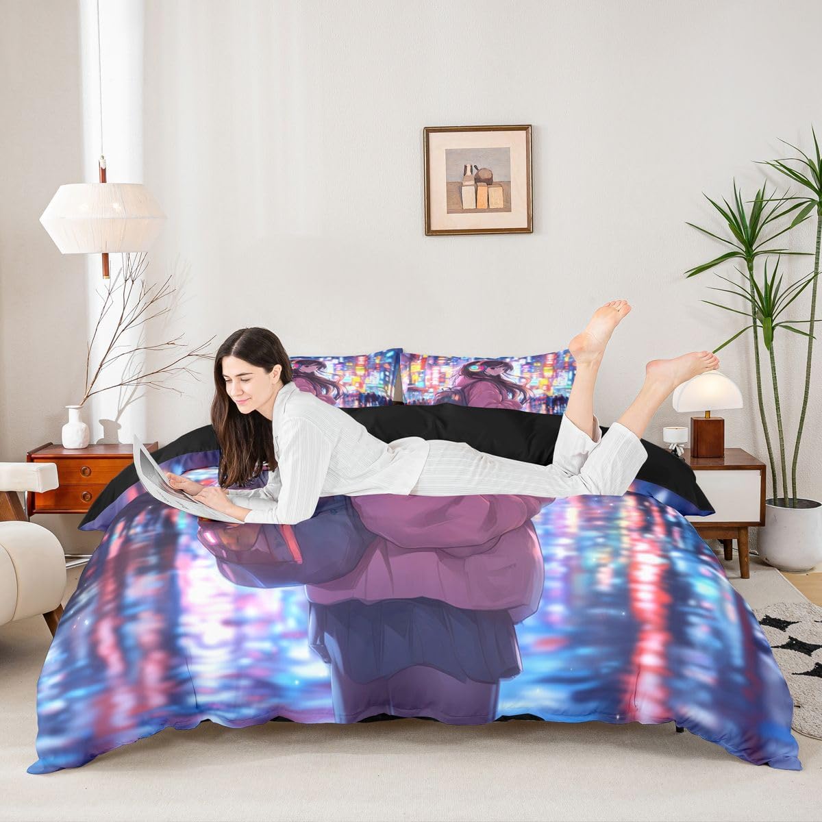 Erosebridal Cool Anime Girl Twin Down Comforter Japanese Style Kids Comforter Set 3D Cartoon Girly Anime Bedding Set Sci Fi Style Gaming Bed Set Room Decor 2 Pcs