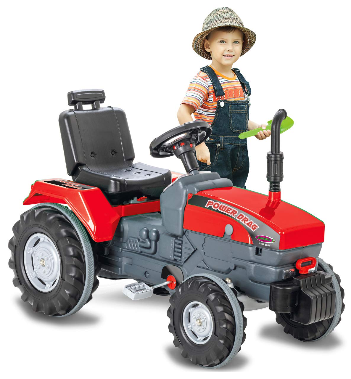 Trettraktor Power Drag - Kippschutz, Hupe, Verstellbarer Sitz Motorhaube aufklappbar, Anhängerkupplung, Antrieb durch Treten der Pedale
