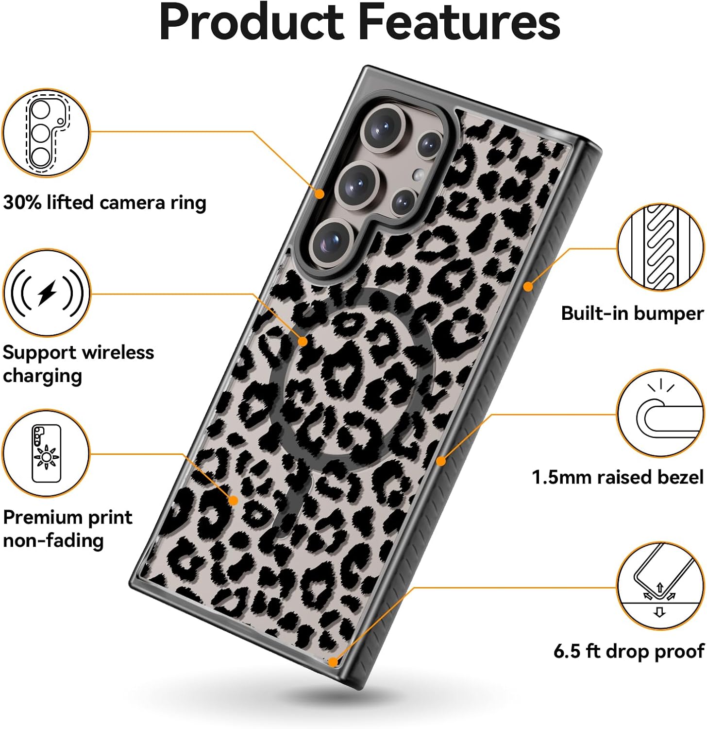 Rosarnnah for Samsung Galaxy S24 Ultra Case with Magsafe, Slim Shockproof Y2K Black Leopard Print | Cute Fashion Protective Cover for Women & Teen Girls | 6.9 inch