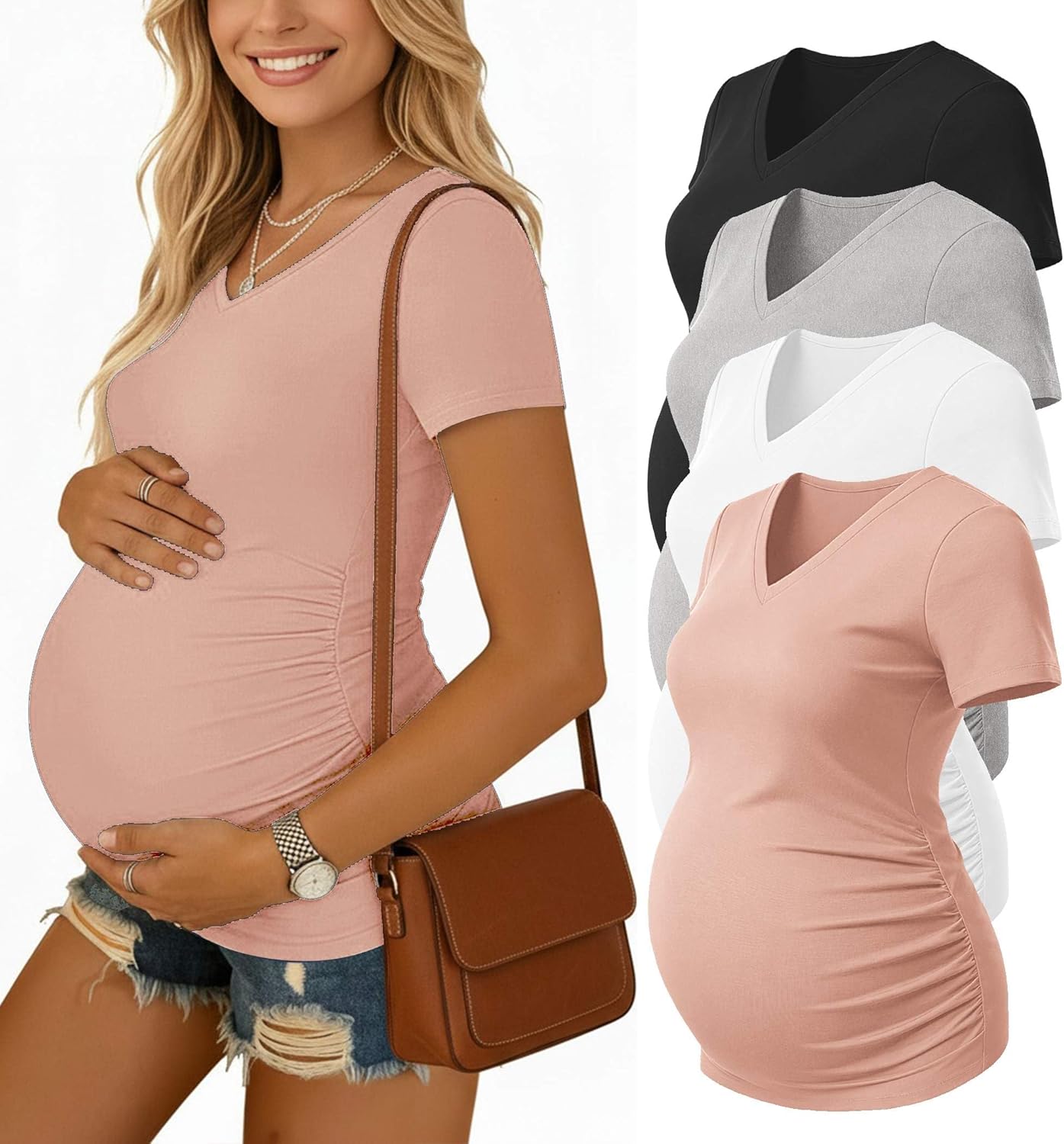 Ekouaer 4 Pack Maternity Shirts V Neck Maternity Top Short Sleeve Casual Tee Side Ruched Pregnancy Clothes