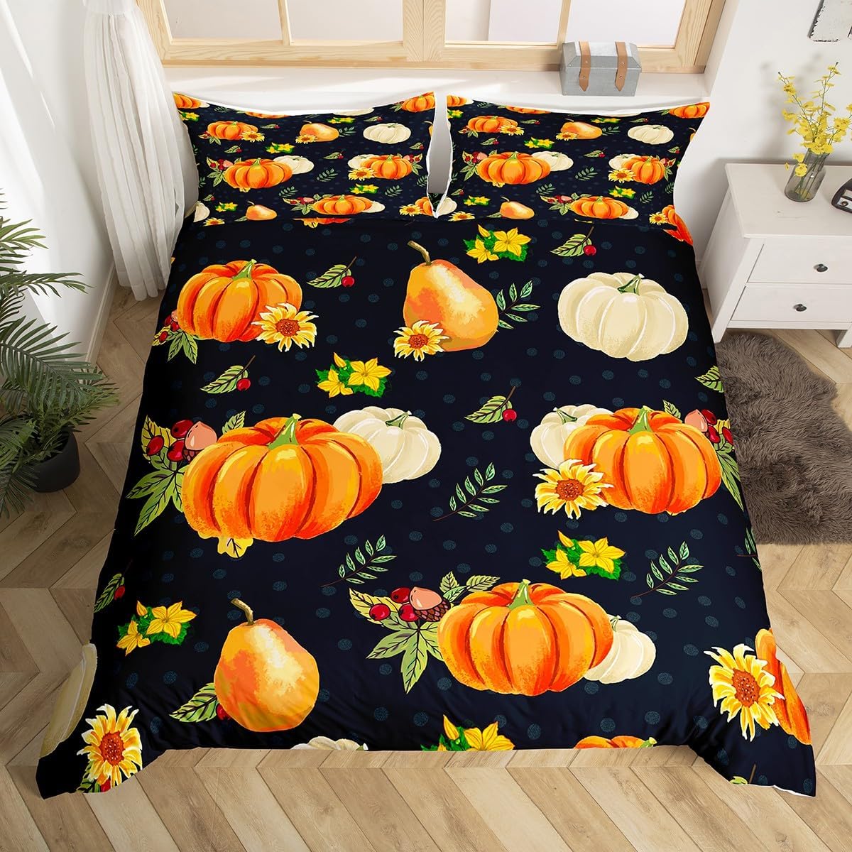 Happy Thanksgiving King Duvet Cover,Turkey Bedding Orange And Black Buffalo Plaid Comforter Cover,Fall Pumpkin Pizza Printed Quilt Cover,Funny Turkey Harvest Time Celebration Bed Cover with Zipper