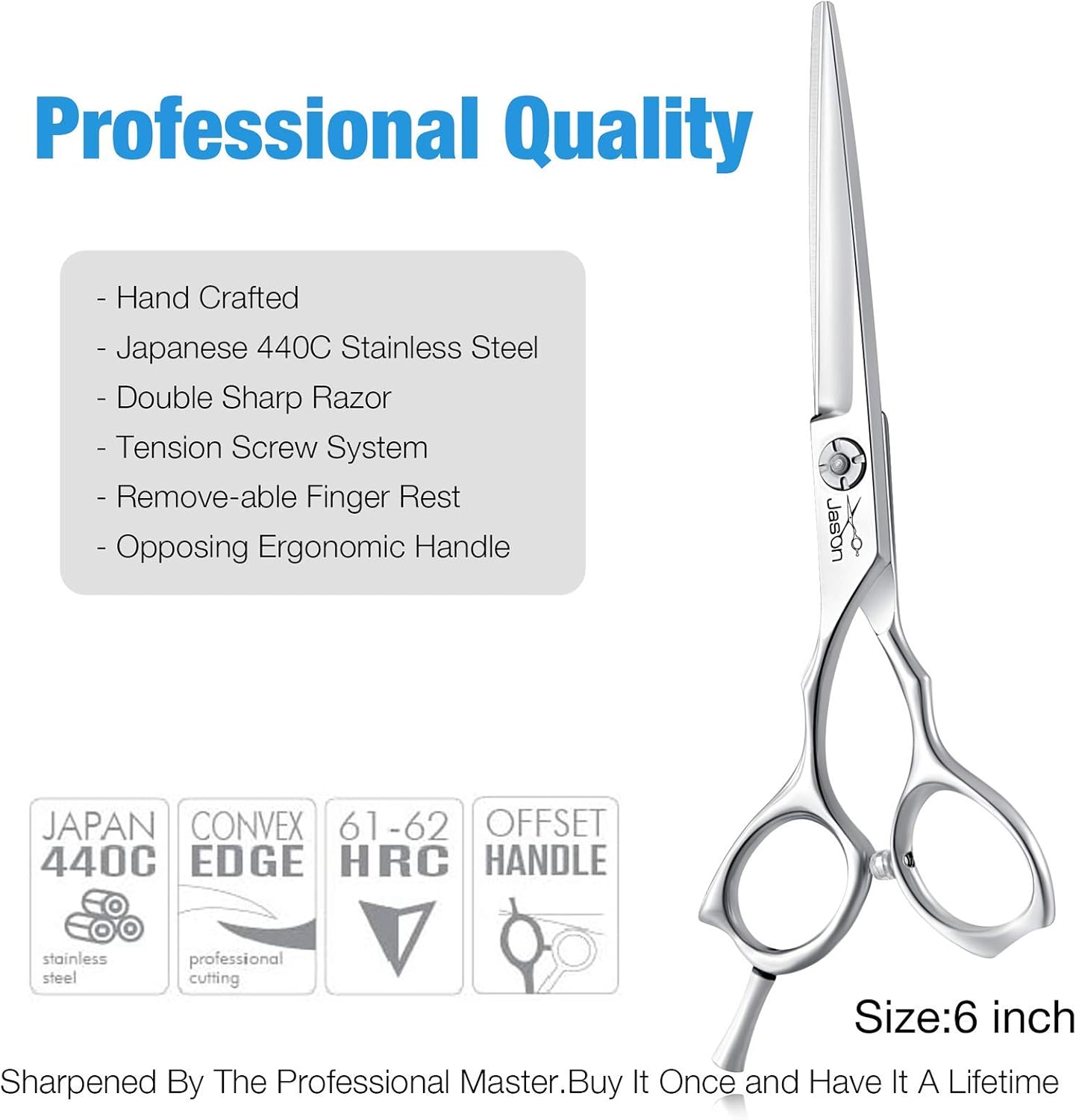 JASON 6 Inch Left Handed Barber Hair Cutting Scissors Professional Salon Shears Razor Edge Hairdressing Scissor Japanese Stainless Steel Reversible Haircut Shear for Men Women Christmas Gift