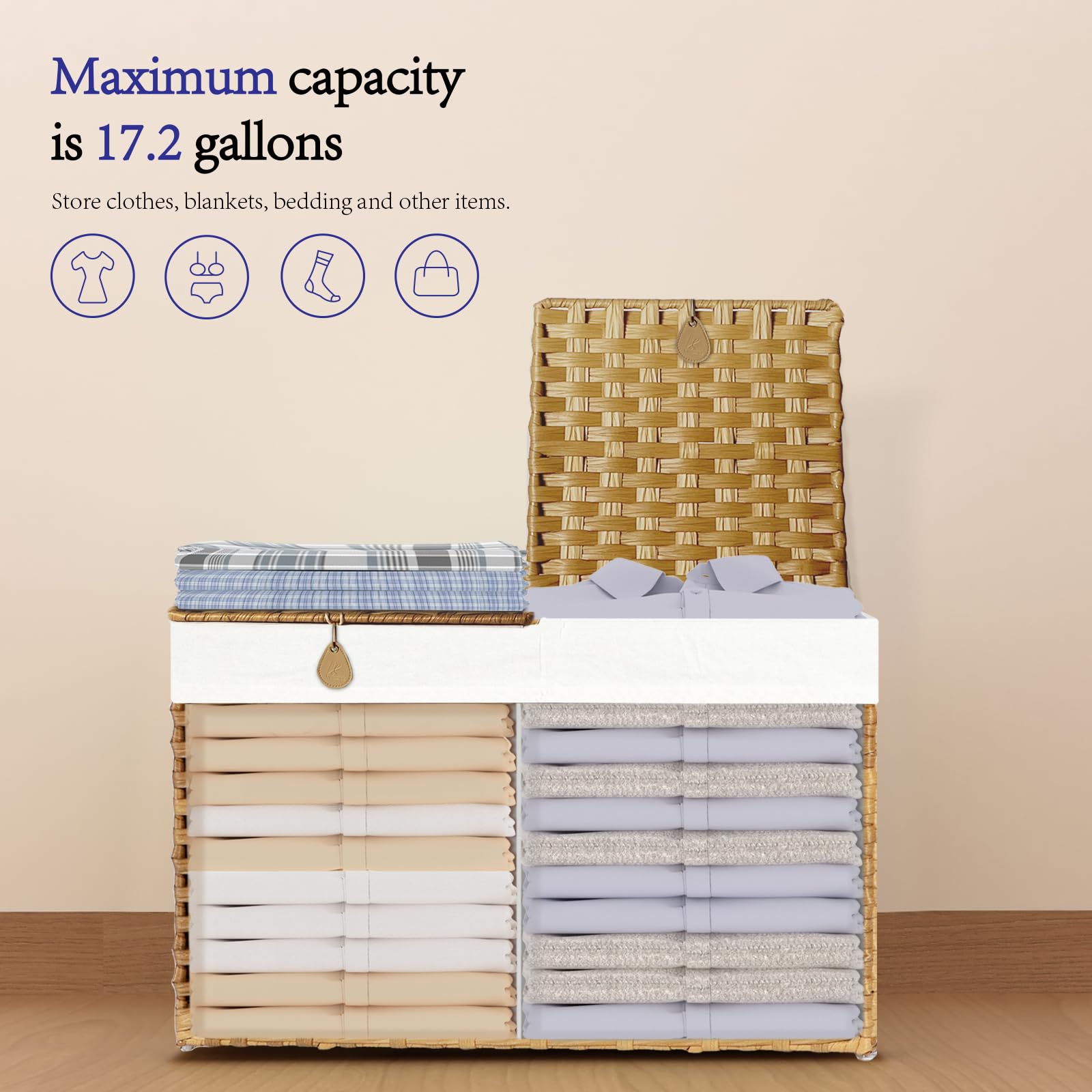 KUREEISE Storage Basket with 2 separate Lid, 65L Handwoven Rattan Shelf Basket with Cotton Liner and handles, Storage Box Basket for Bedroom, Laundry Room, 22.2 x 13 x 13.8 Inches(Natural)