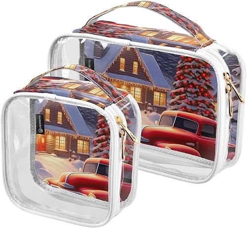 Christmas Village - Neceser transparente para viajar, paquete de 2 bolsas de cosméticos de maquillaje con cremallera, bolsa de viaje para artículos