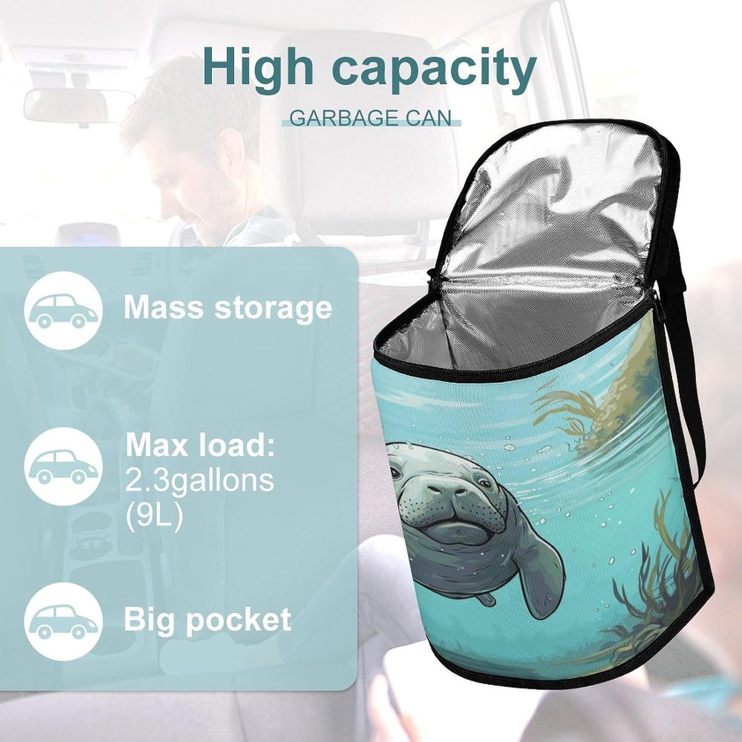Hanging Car Trash Bag Crazy Save Manatee Printed Car Garbage Storage Bag Leakproof Car Trash Can Portable Garbage Storage Bags