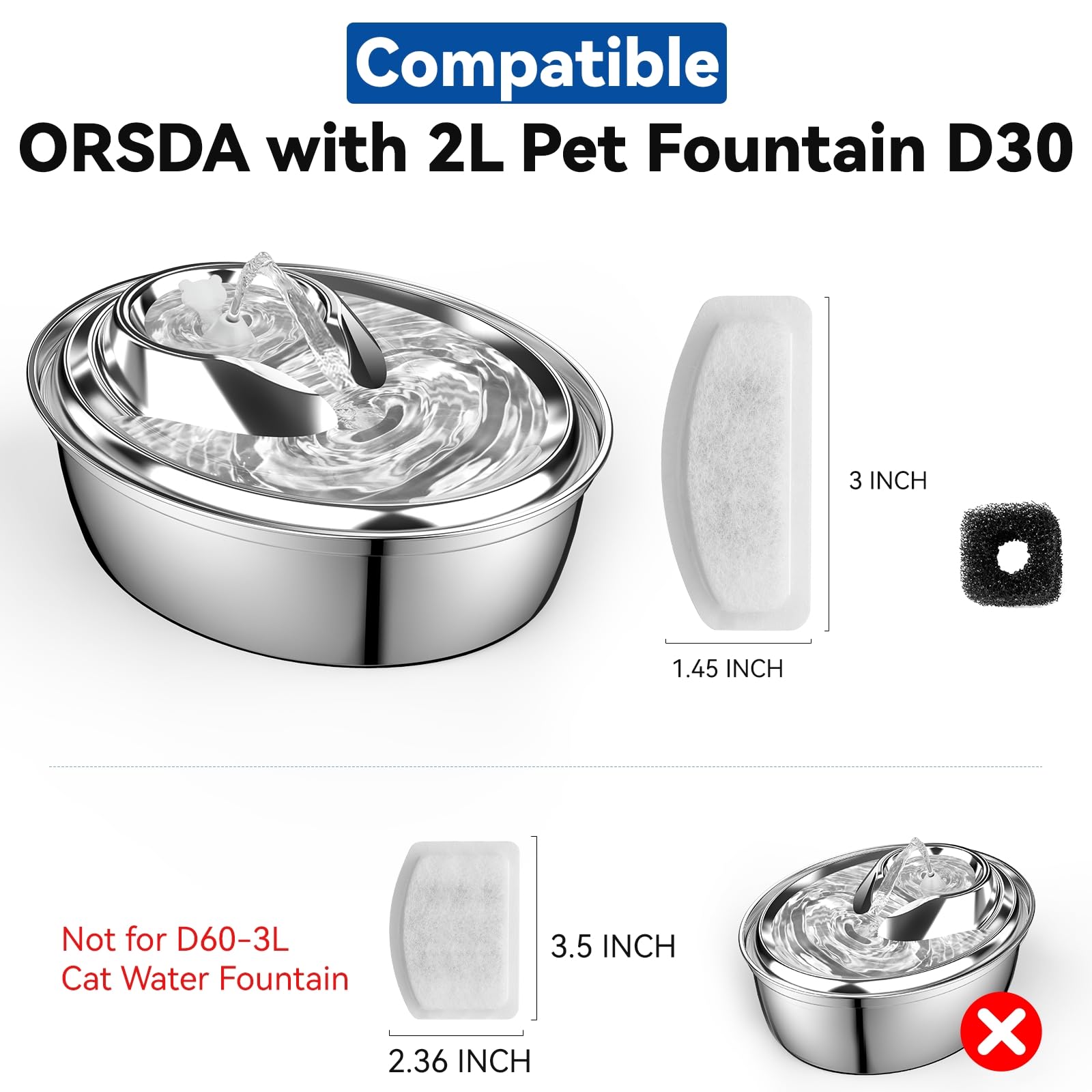 Confezione da 24 filtri di ricambio per fontana per gatti ORSDA, compatibili con fontana d'acqua per gatti ORSDA 2L in acciaio inossidabile, fontana per animali domestici D30 per gatti (12 filtri