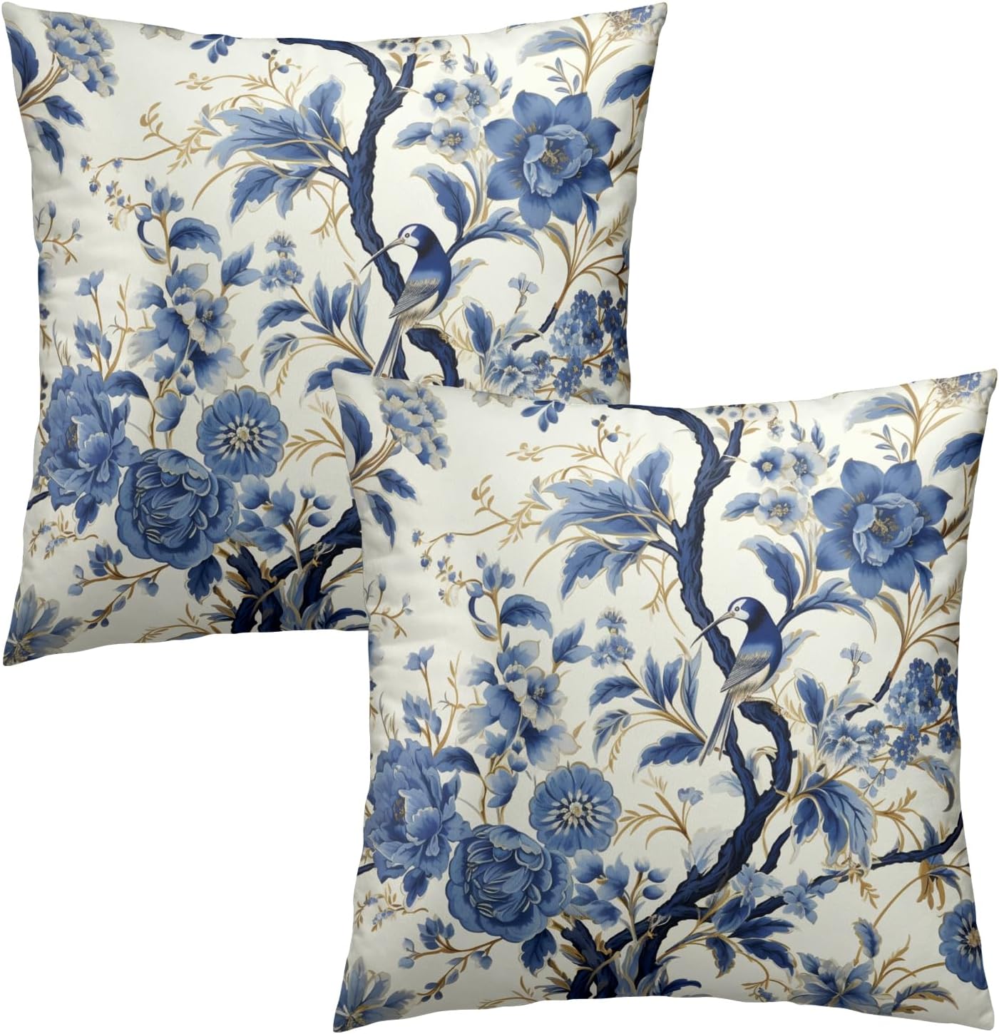 Spring Blue Floral and Bird Throw Pillow Cover 16x16 Inch
