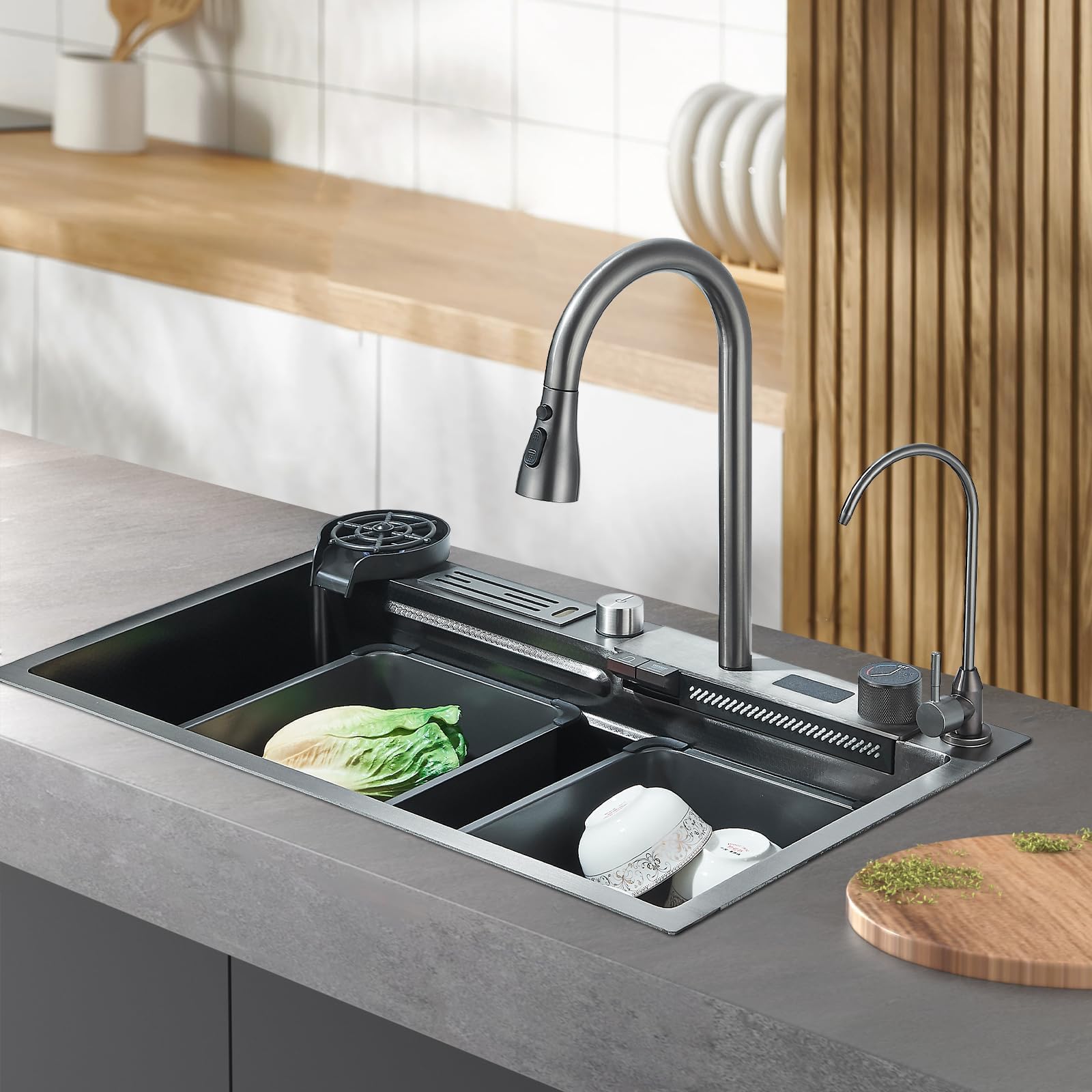 Lavello da cucina a cascata, nero, 75 x 45 cm, 1 vasca, in acciaio inox, rettangolare, troppopieno e scarico, multifunzionale, moderno lavello a cascata con rubinetto per acqua potabile