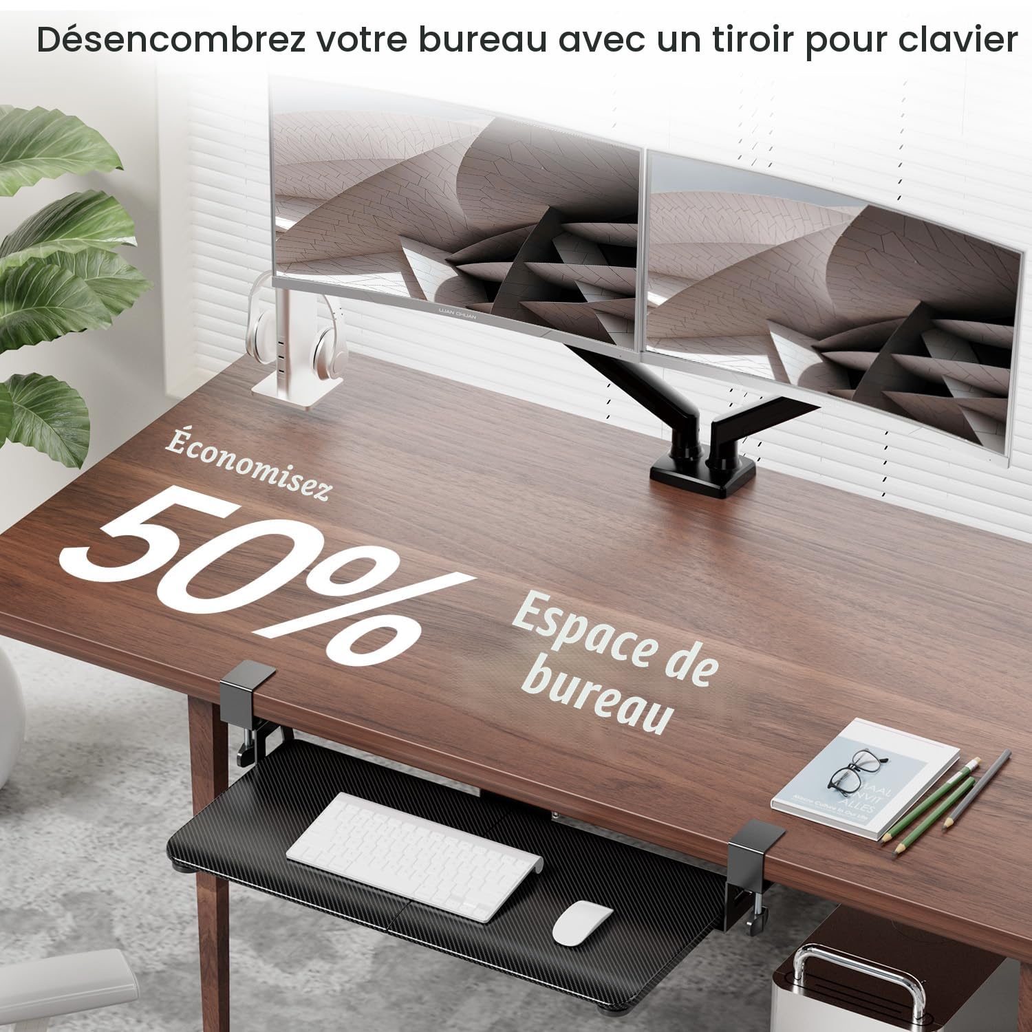 NearHub Grand plateau de clavier coulissant sous le bureau avec système de fixation en C extra robuste, 66 cm (76 cm y compris les pinces) x 27,9 cm, plateforme coulissante stable pour écrire