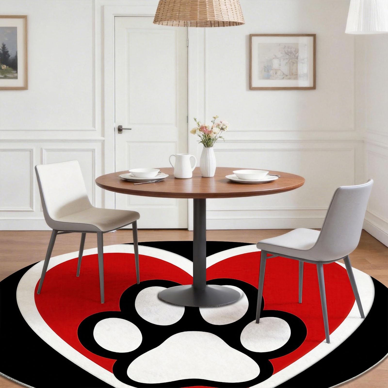 Generico 90 cm Tappeto rotondo Cartone Animato - Morbido Antiscivolo Impronte Zampe Animali Cuore Motivo Tappeti per Soggiorno Camera da Letto Pranzo decorazione, Nero Rosso interni lavabile Tappeto