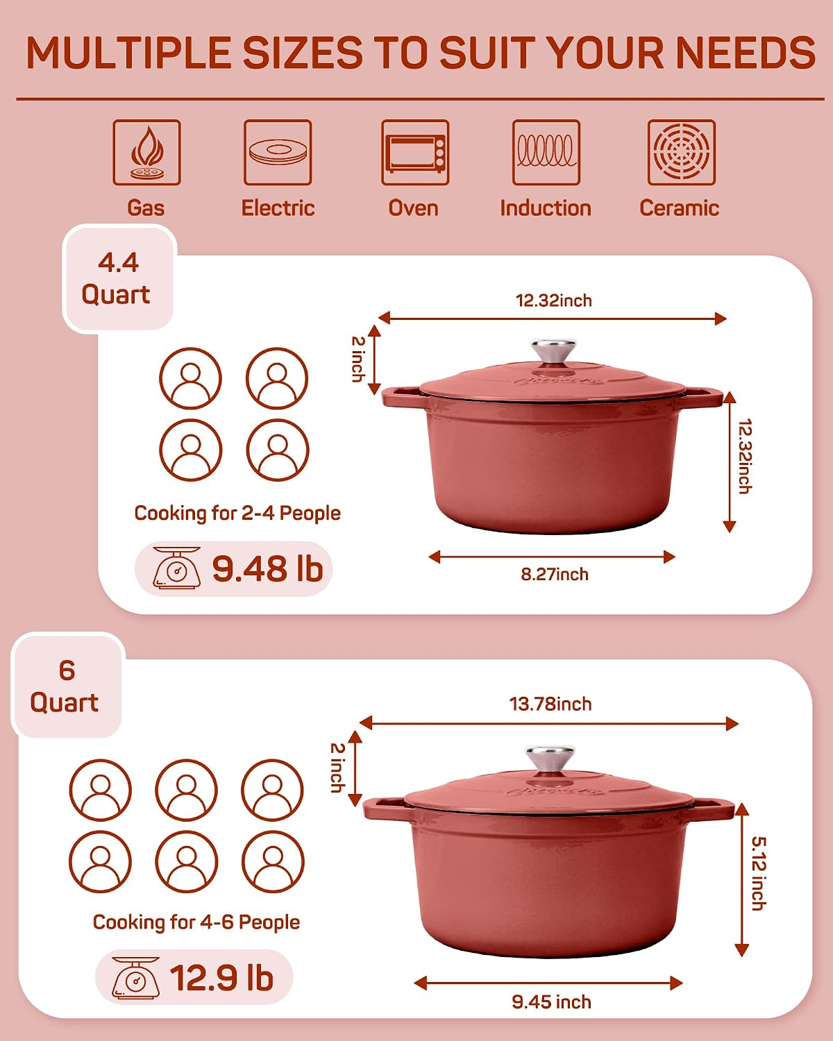 Ciwete Enameled Cast Iron Dutch Oven Pot, 4.4 Quart, Red