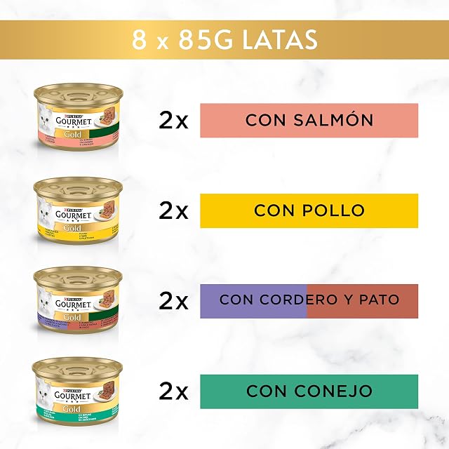Foto 2 de 6 de GOURMET Gold Terrine, Comida Húmeda para Gato Adulto, Paté, Surtido de Salmón, Pollo, Conejo, Cordero y Pato