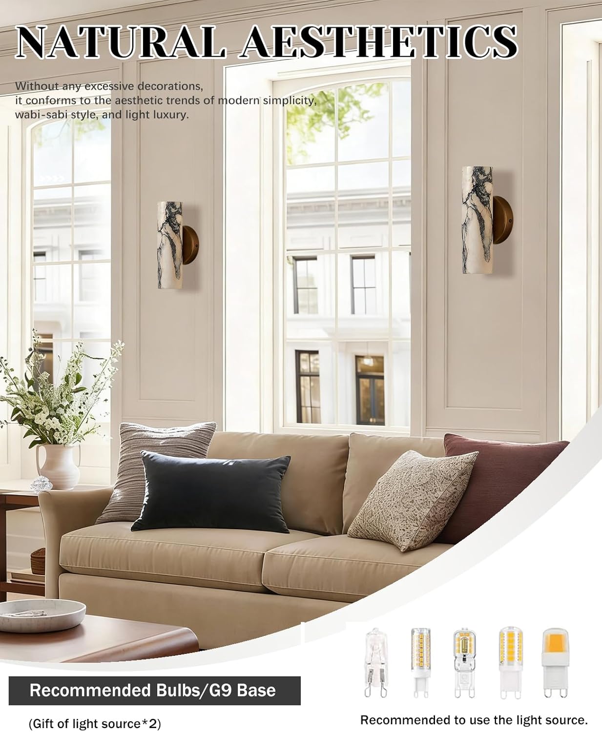 Nordic Style Marble Wall Sconce, 9.4" Cylinder Alabaster Wall Sconces with Natural Marble Lamp Shade & Metal Base Travertine Wall Lights Fixture for Bedroom Living Room Up and Down Light