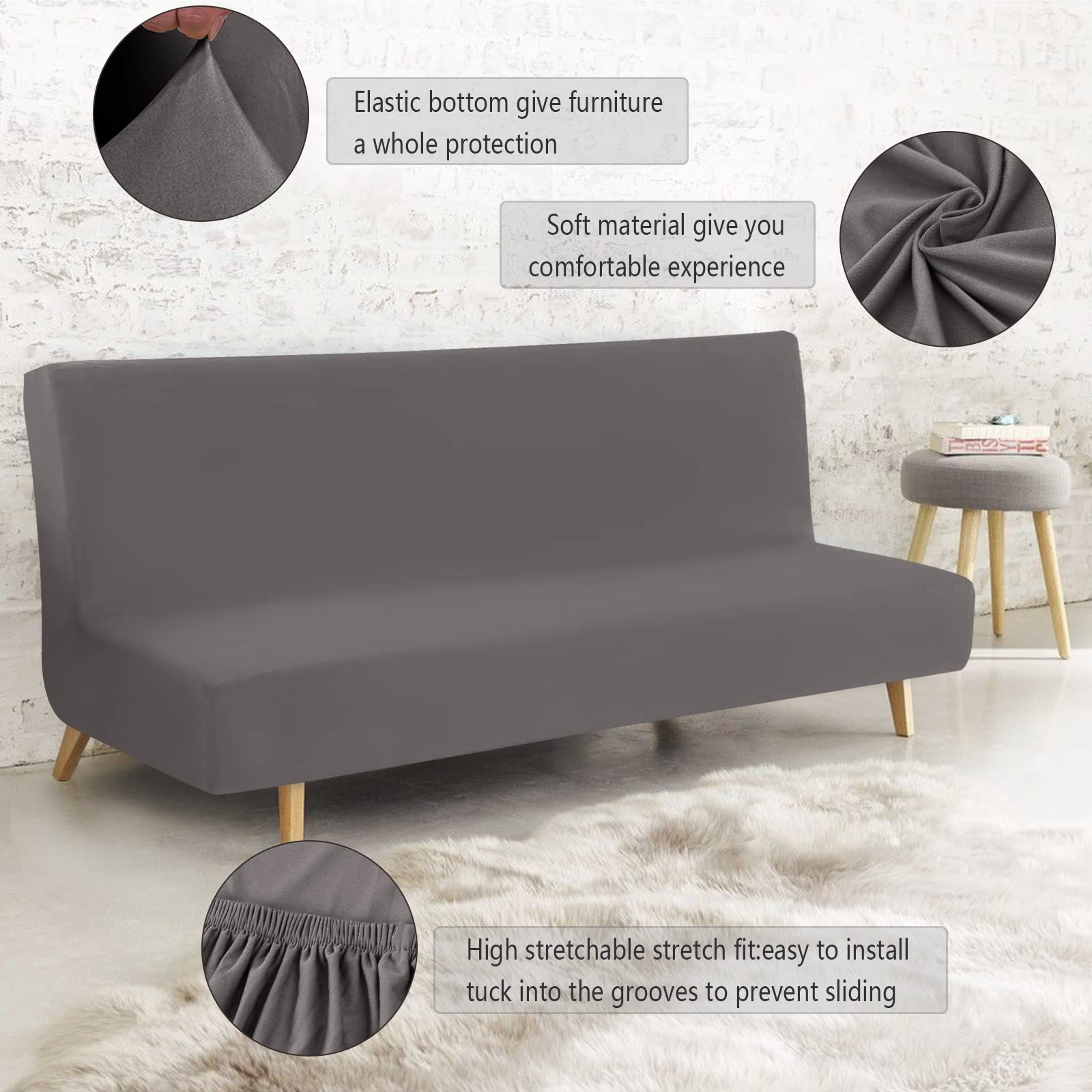 FIGOOO Copridivano senza Braccioli 3 Posti Elasticizzato Copridivano Letto Pieghevole Universale Lavabile Spandex Fodera per Futon a Tinta Unita Coperture Divano Clic Clac per Soggiorno Casa,Grigio