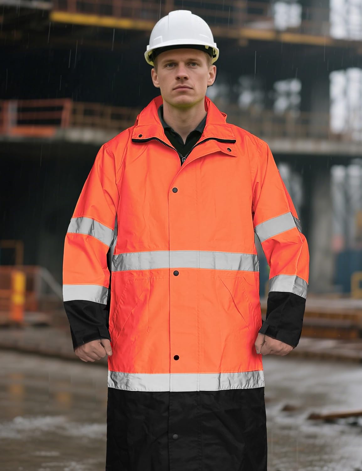 Ubon Men's Hi Vis Long Raincoat Waterproof Reflective Safety Rain Jacket High Visibility with Detachable Hood - Image 3