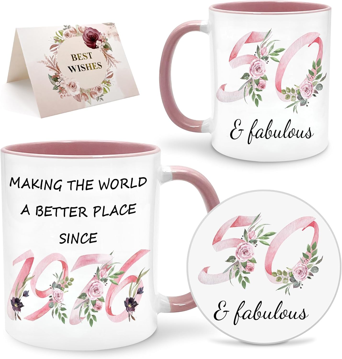 Lingdeer 50th Birthday Gifts for Women Her, 1976 Vintage Birthday Coffee Mugs with Silicone Coaster, Fabulous 1976 Gifts Ideas for 50 Years Old Women Mom Sisters Grandma