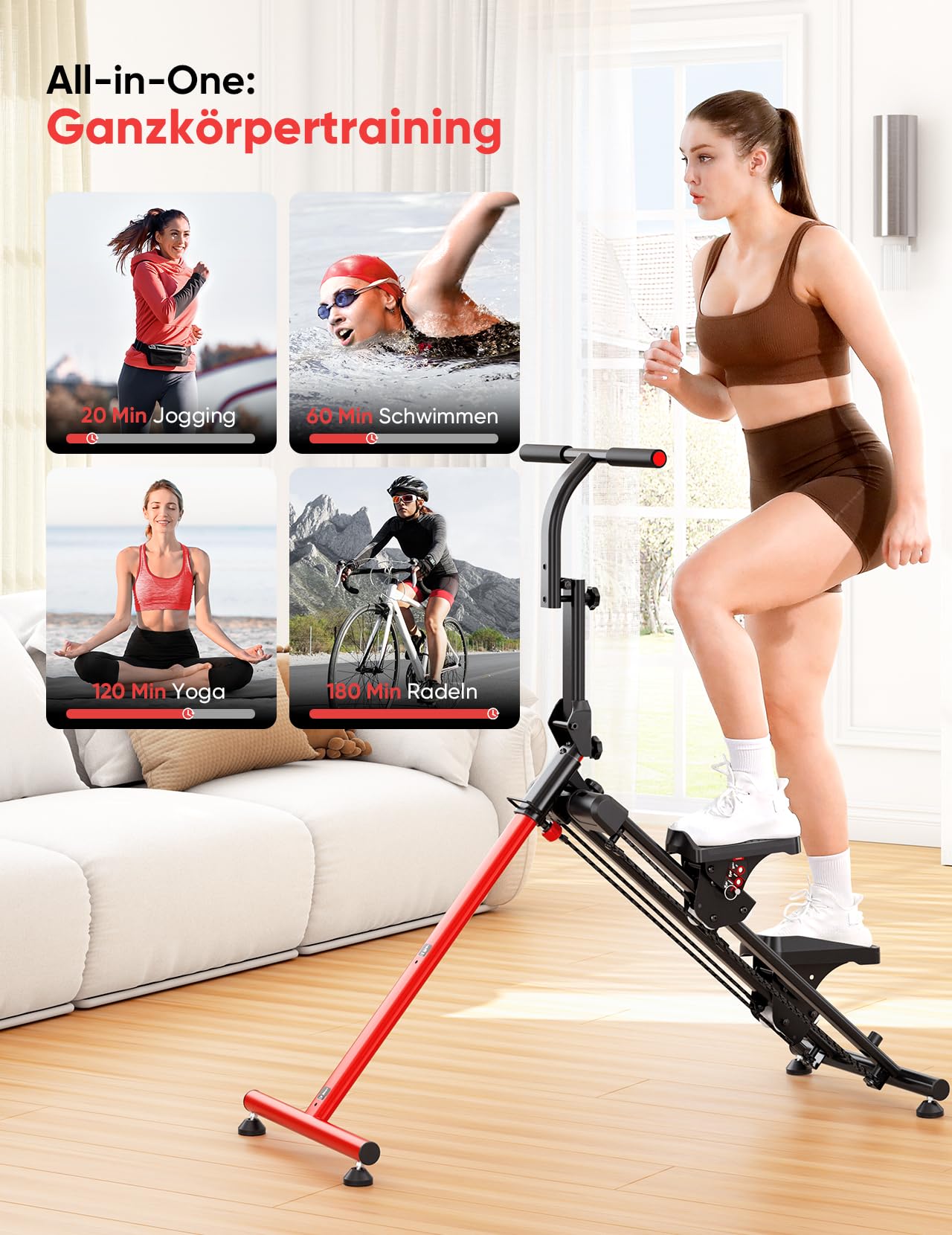Treppenstepper Trainingsgerät, Verstellbarer Treppensteiger mit 3 Workout-Modi, klappbarer Cardio-Stairmaster mit Ski-Modus & übergroßem Pedal, 90% vormontierter Treppensteiger mit Lenker