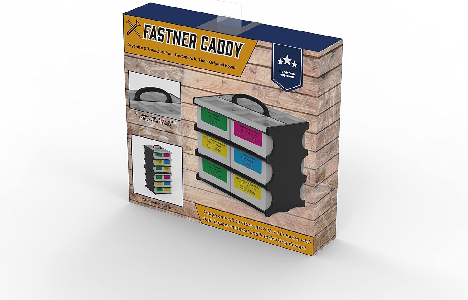Fastner Caddy - Portable Hardware Organizer With Handle - Stackable Screw Storage - Fits Up To 12 Standard 1lb Boxes of Screws, Nails, & Other Fasteners - Workbench Organization Bins