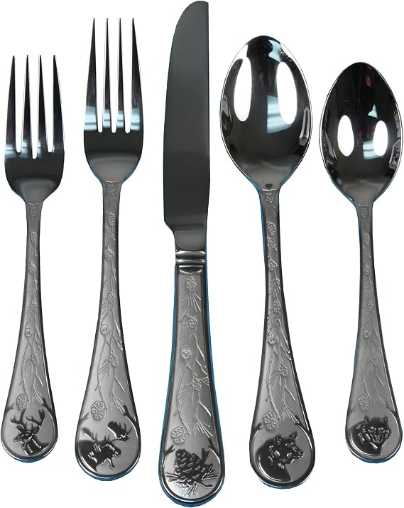 Rivers Edge Products Rivers Edge Products 20-Piece Stainless Steel Silverware Set for 4-4 Dinner Forks, 4 Knives, 4 Place Spoons, 4 Teaspoons, 4 Salad Forks - Gift-Ready Wildlife and Foliage Vintage