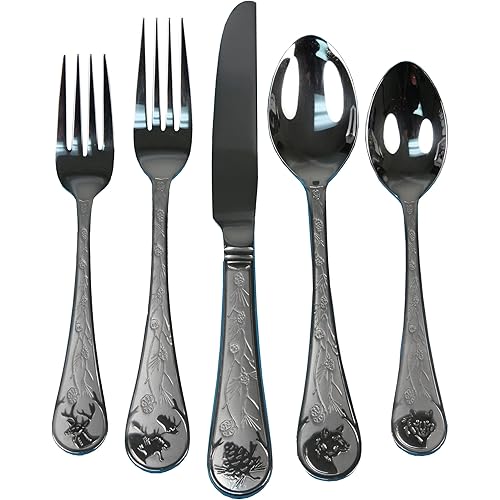 Rivers Edge Products Rivers Edge Products 20-Piece Stainless Steel Silverware Set for 4-4 Dinner Forks, 4 Knives, 4 Place Spoons, 4 Teaspoons, 4 Salad Forks - Gift-Ready Wildlife and Foliage Vintage
