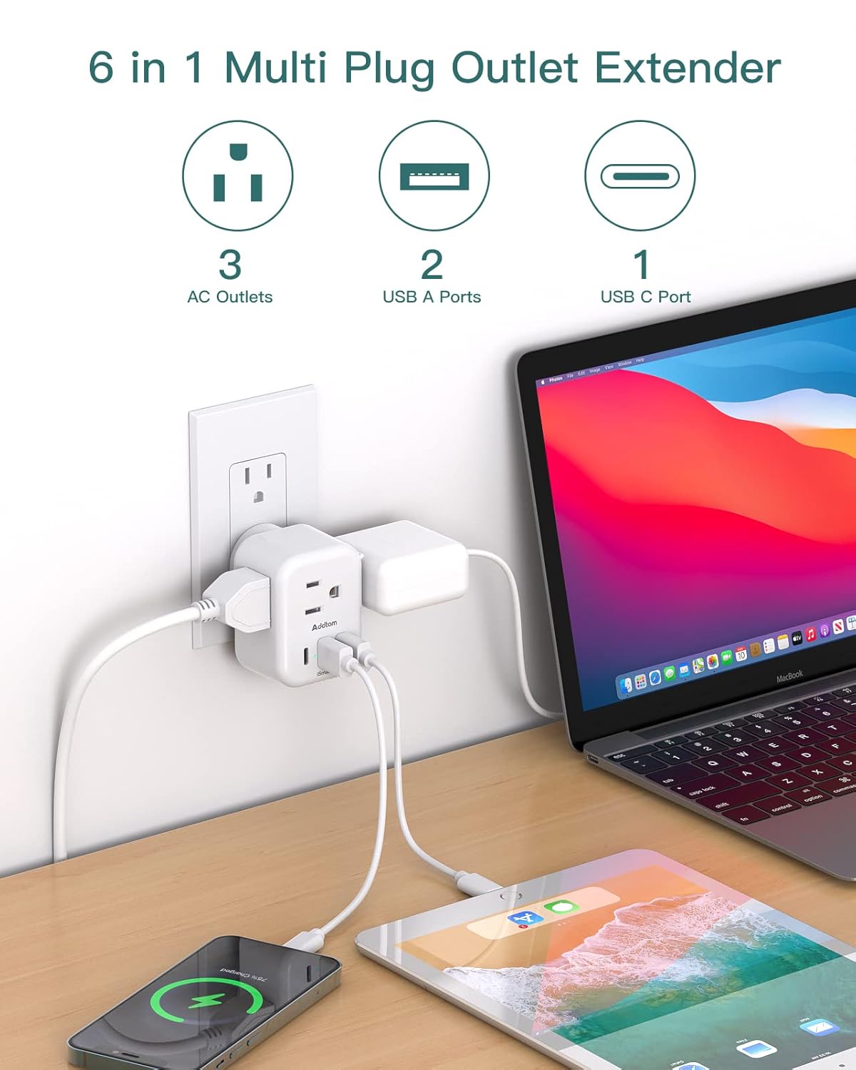 Multi Plug Outlet Extender with USB, Addtam Electrical 3 Outlet Box Splitter with 3 USB Wall Charger(1 USB C), Multiple Power Outlet Expander, Essentials for Cruise Dorm Home Office - 
