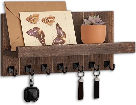 Key Holder for Wall, Decorative Key Holder with Shelf, Key and Mail Holder Wall Mount, Farmhouse Decor with 7 Key Hooks for Keys, Coats, ect.