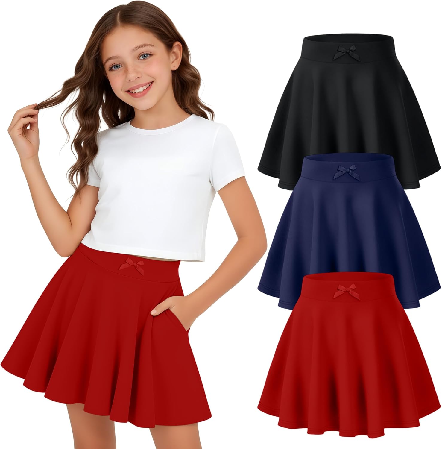 3 Pack Girls' Uniform Skirts Pleated Flared Mini School Skorts Built in Shorts with Pockets for Kids