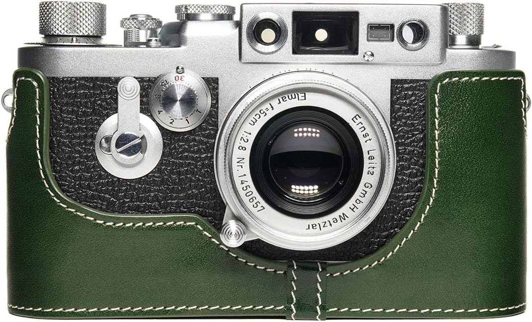 for Leica iiig Case, BolinUS Handmade Genuine Real Leather Half Camera Case Bag Cover for Leica iiig (The Case Will Not Cover The Selfie Stick) Camera (Green)