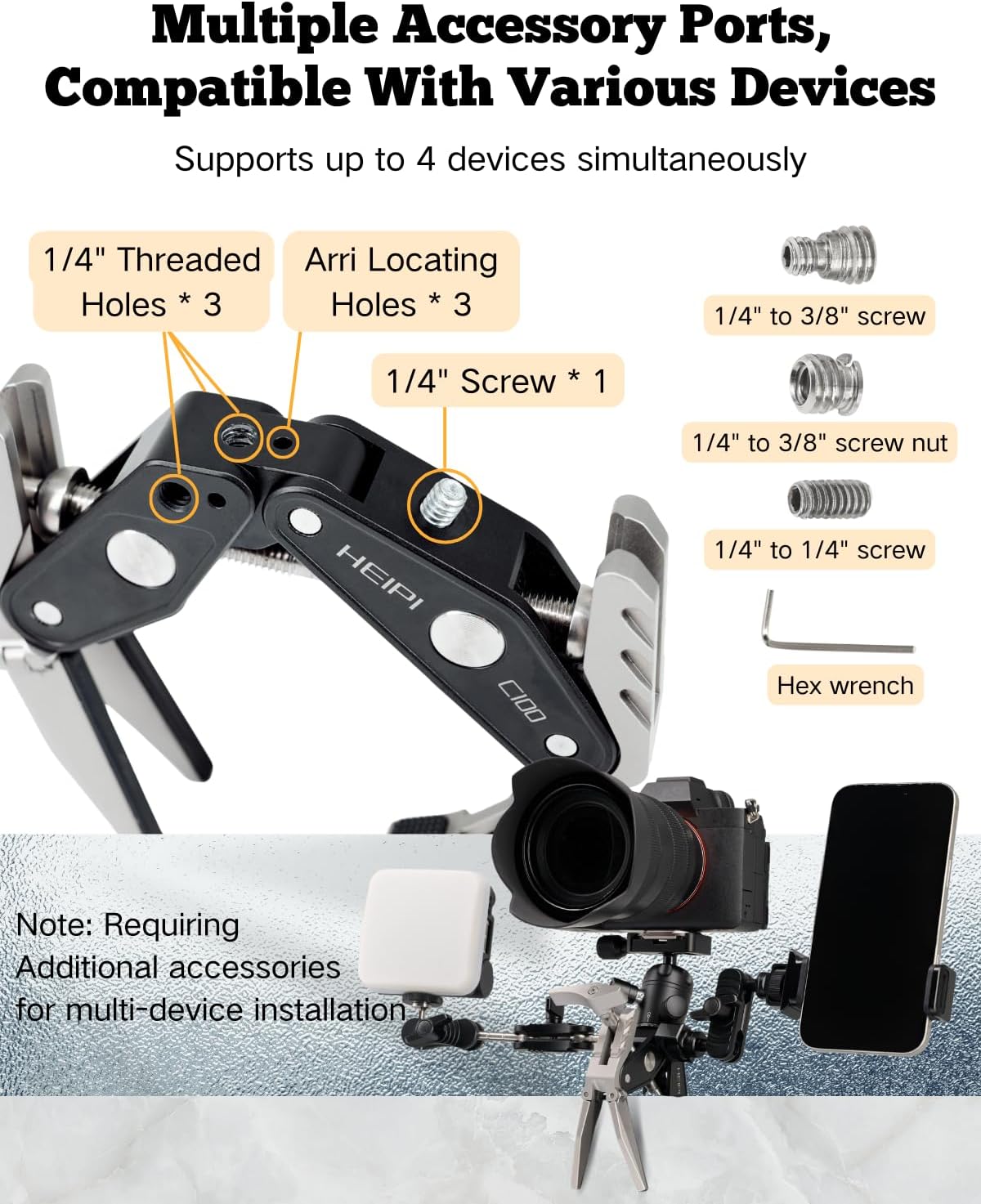 HEIPI Super Clamp Phone Camera Mount Holder 2-in-1 Clamp & Stand Design with 1/4"-20 & 3/8"-16 Screw Mount Adapter Holder Max Clamping 3.93 inch for Tripod Accessories, Phone, Action, DSLR Camera