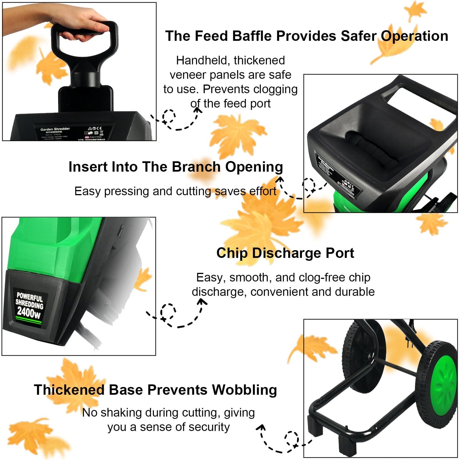 Trituradora de jardín eléctrica de 2400 W, trituradora de madera, trituradora de hojas, tritura hasta 39 mm, bolsa de recolección de 50 L for residuos de jardín, hojas y ramas.