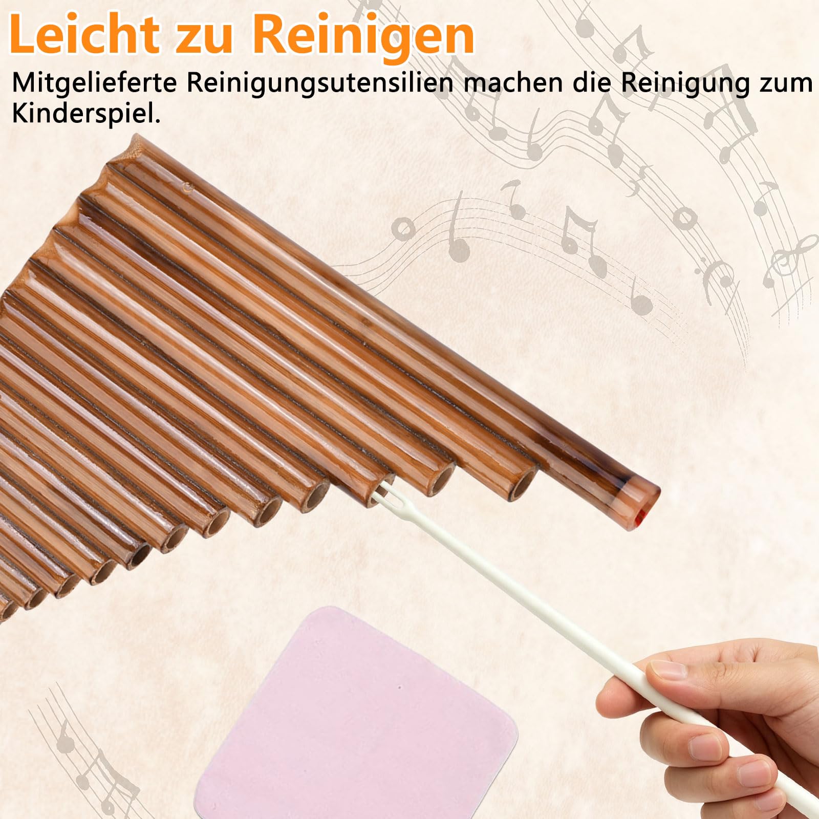 Panflöte 15 Pfeifen, Instrument Aus Bambus, G-Ton, Rechte Hand | mit Umhängeband, Reinigungstuch, Reinigungsstift und Aufbewahrungsbeutel, für Anfänger, Musikinstrumente