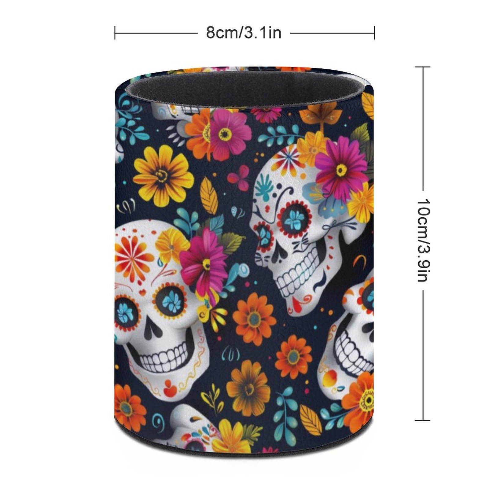 Pot à crayons rond en cuir tête de mort mexicaine - Organiseur maquillage bureau multifonctions