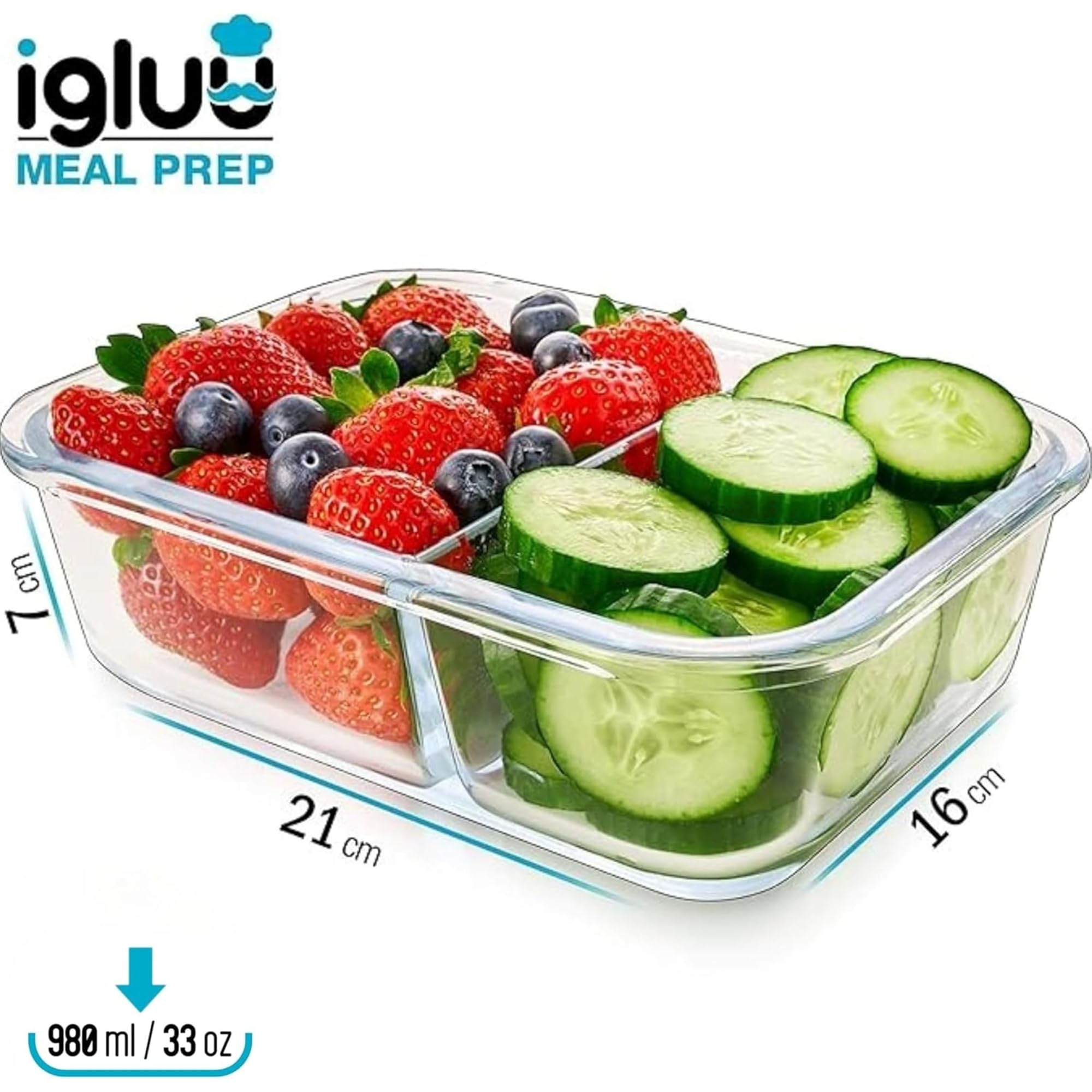 Igluu Meal Prep Recipientes de Cristal (Set de 3) 2 Compartimentos – 980ml | Tapa Hermética y Sin BPA – Horno, Freidora de Aire, Microondas, Congelador y Lavavajillas – Vidrio de Borosilicato
