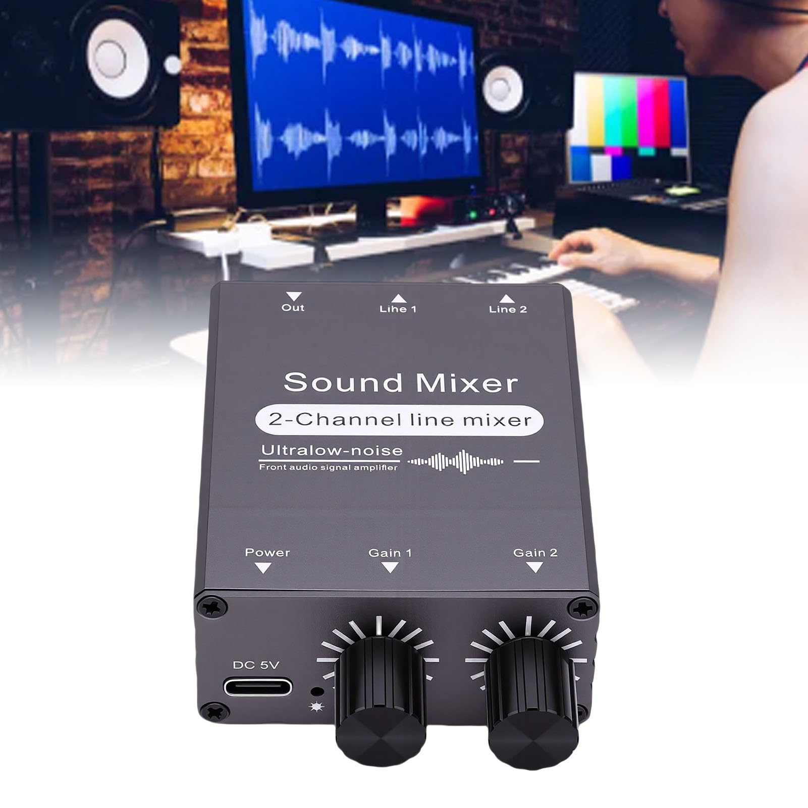 2-Kanal-Stereo-Audio-Mixer, 3,5 Mm 2-in-1-Out-Stereo-Sound-Mixer mit Doppelter Lautstärkeregelung für Computer, Kopfhörer, Telefone, Laptops