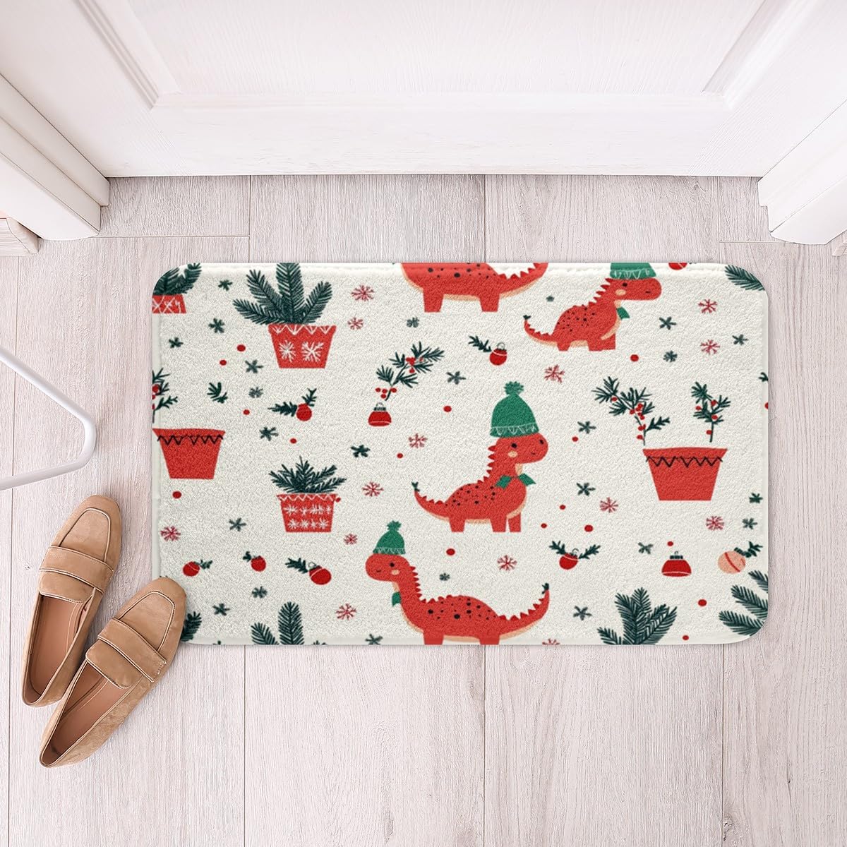 HomemissingChristmas Bath Mats 20x32 Inch Cute Dinosaur Bathroom Rugs for Kids Decor Cartoon Animal Xmas Theme Snowflake Happy New Year Botanic Btah Rugs for Shower Tub Red Bathroom Accossories