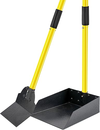 Cuchara para excrementos de perro, juego de bandeja y pala para excrementos de perros, cuchara para excrementos de metal con mango largo ajustable