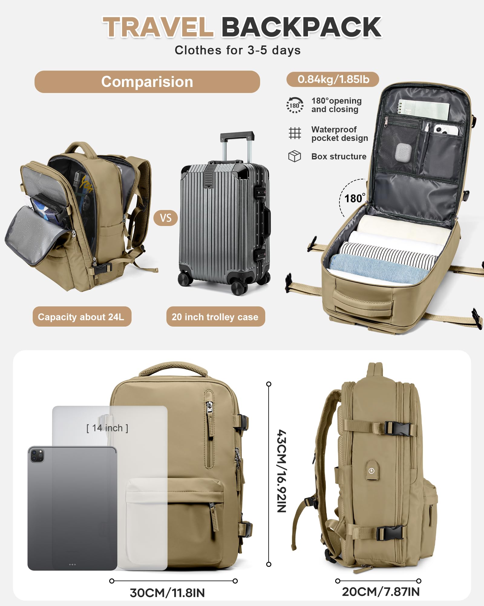 BJLFS Borse da Cabina per Ryanair 40×20×25 Bagaglio a Mano Easyjet 45×36×20 Borsa Zaino da Viaggio, Zaino da trekking,Zaino Casual per laptop da 14 pollici per scuola