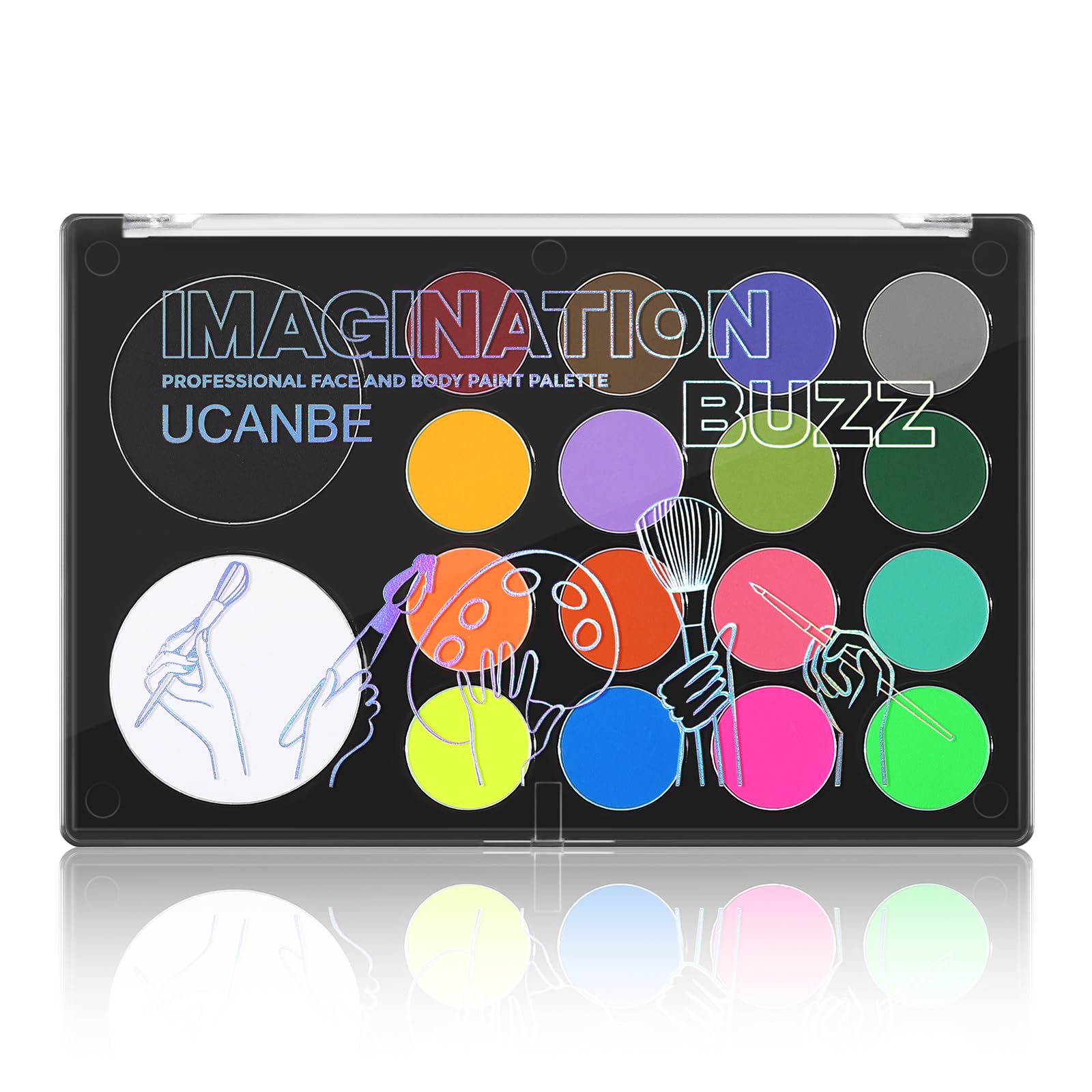 UCANBE Face Body Paint 18 Colors, Water Based Face Painting Kit with Large White Black & Neon Glow UV Facepaint SFX Makeup Palette for Halloween Party Costume Cosplay & Stage Make Up