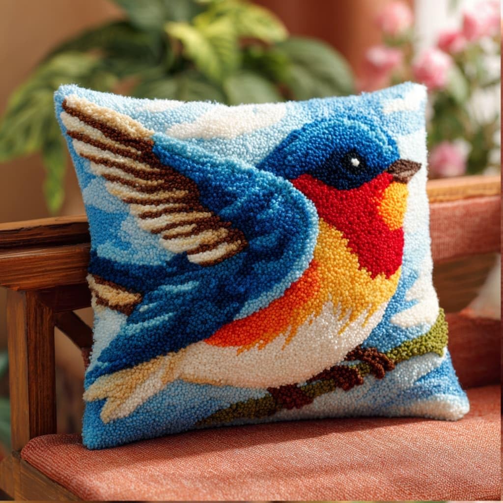 Taxpy Latch Hook Cushion Kits Bird Pillowcase Kits Embroidery Kit 17X17 Inch DIY Needlework Pillow Cover Sofa Cushion Rug Making
