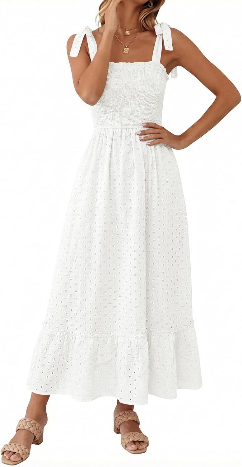 Tobrief Women's Boho Dress Summer Spaghetti Strap Square Neck Flowy Ruffle Beach Long Maxi Dress