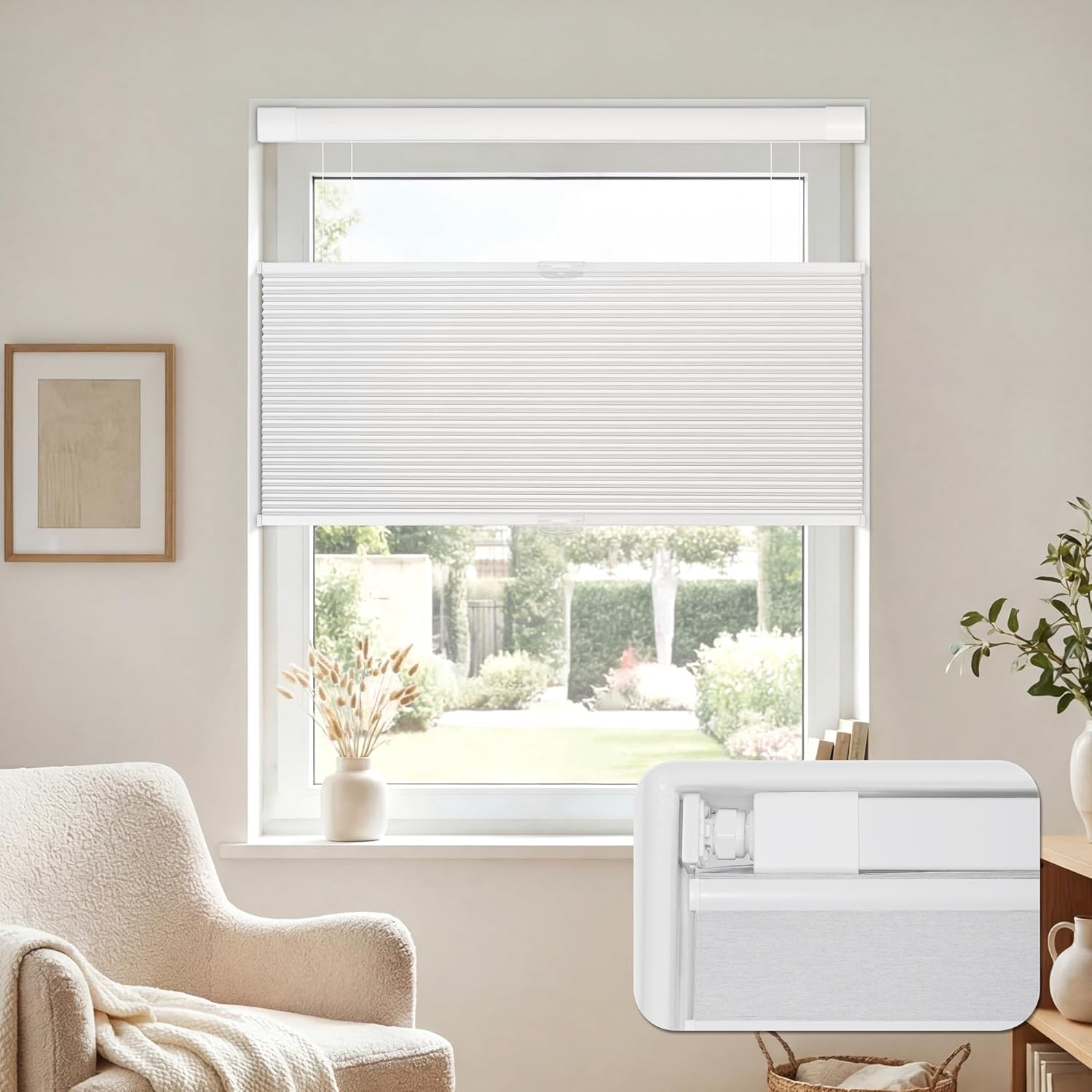 No Drill No Tools Top Down Bottom Up Cellular Shades, 22" W x 48" H Blackout Easy Install Cordless Honeycomb Blinds, Noise Reduce & Thermal Insulation Blinds for Home Office White