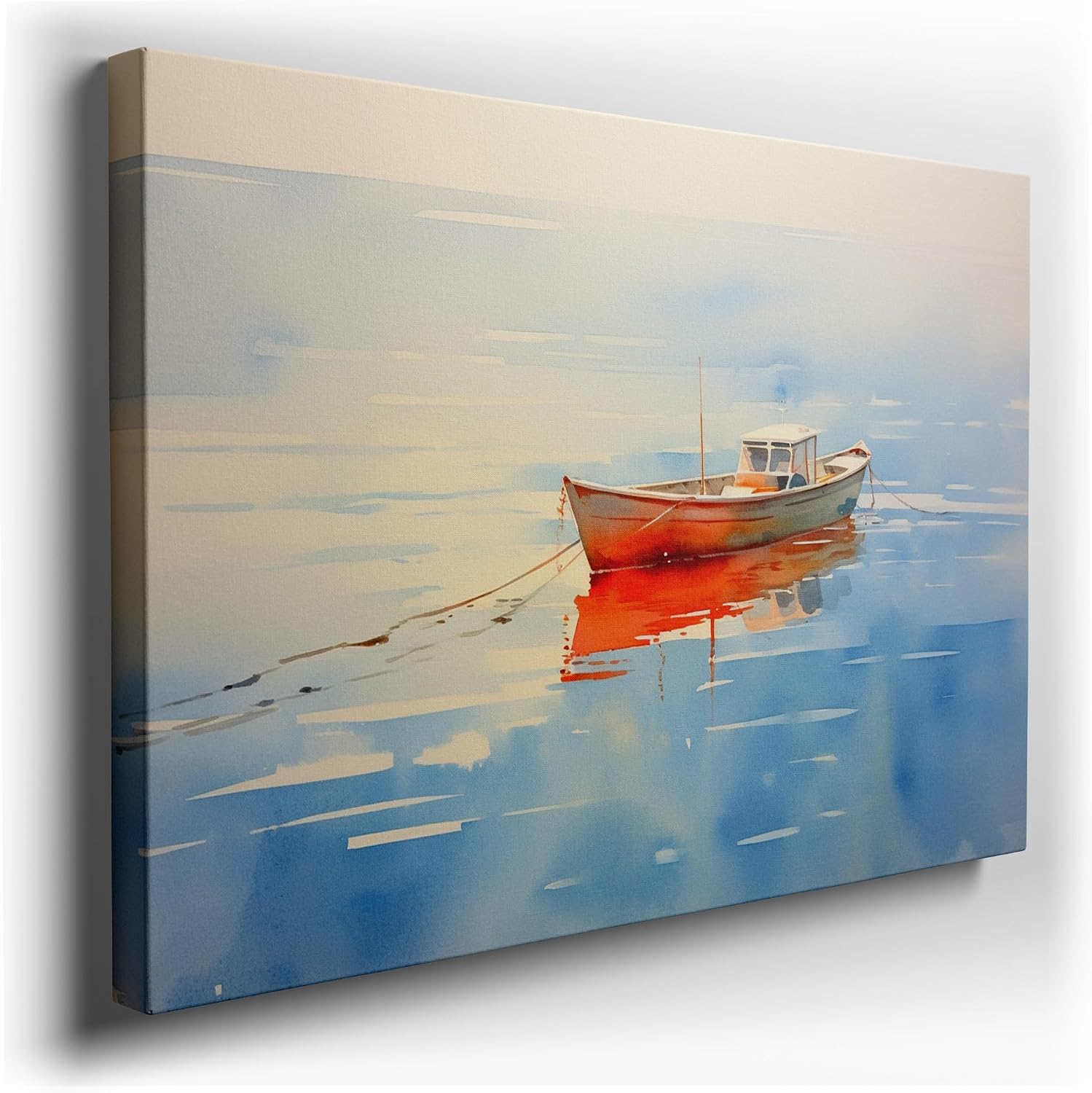 Canvas for Living room. Serene Haven: The Red Boat's Solace in a Landscape of Blues, 27 x 18 inch Canvas Wall Art - Contemporary Masterpieces - Modern Home Decor - 69x46 cm (27x18 inch)