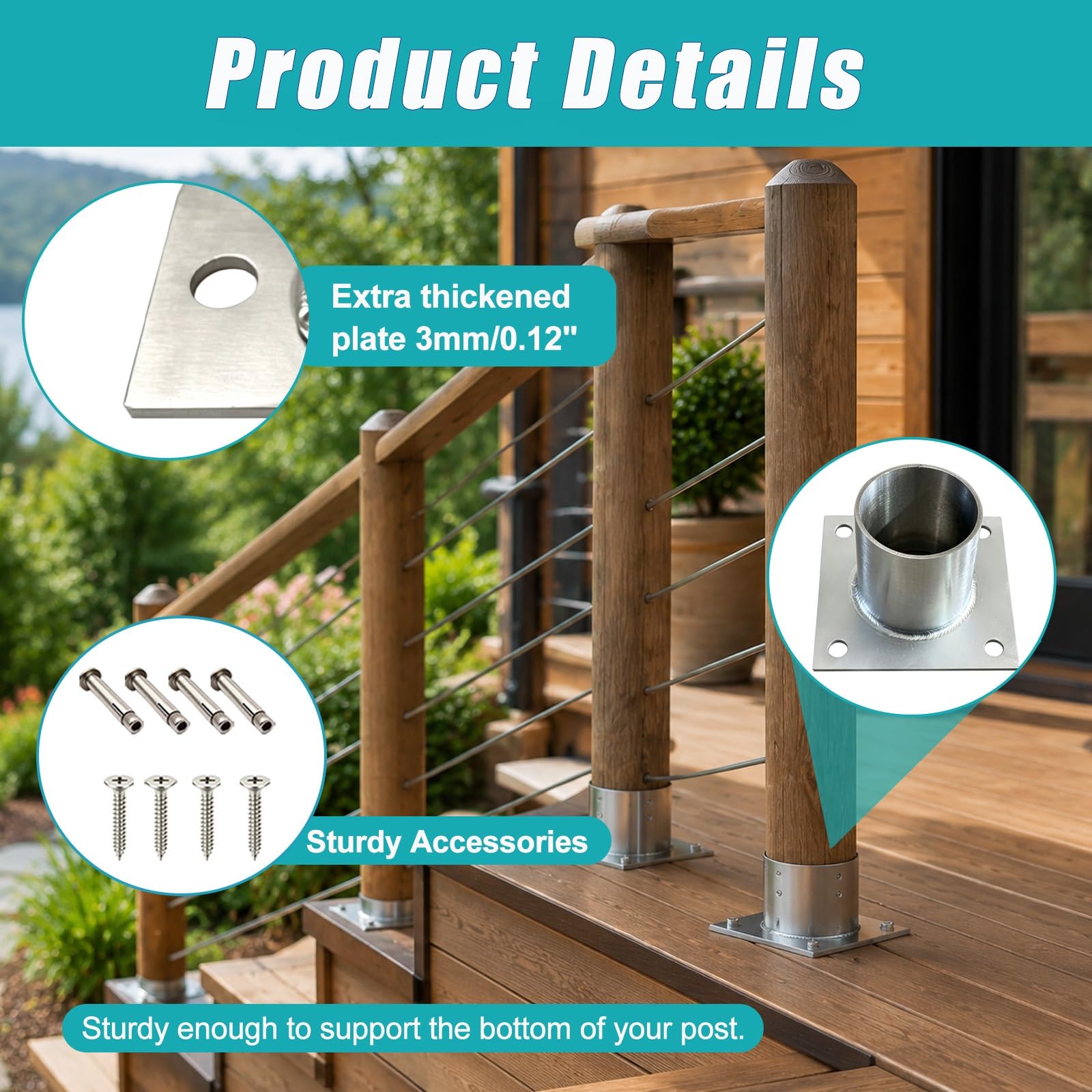2 Pack Brida poste tubo redondo valla con kit tornillos | Hormigón de soporte poste inoxidable barandillas exteriores/luz columna/proyectos arquitectónicos(Dia 60mm/2.4")